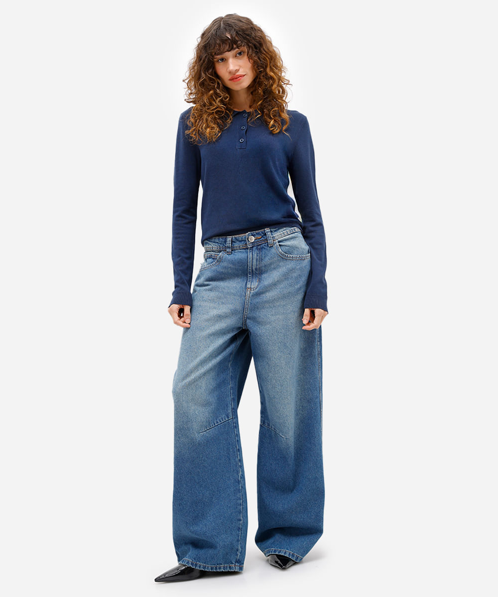 polo feminina de tricot manga longa azul