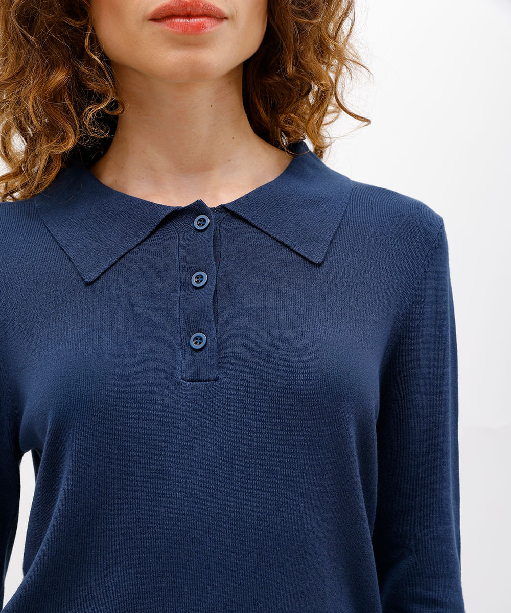 polo feminina de tricot manga longa azul