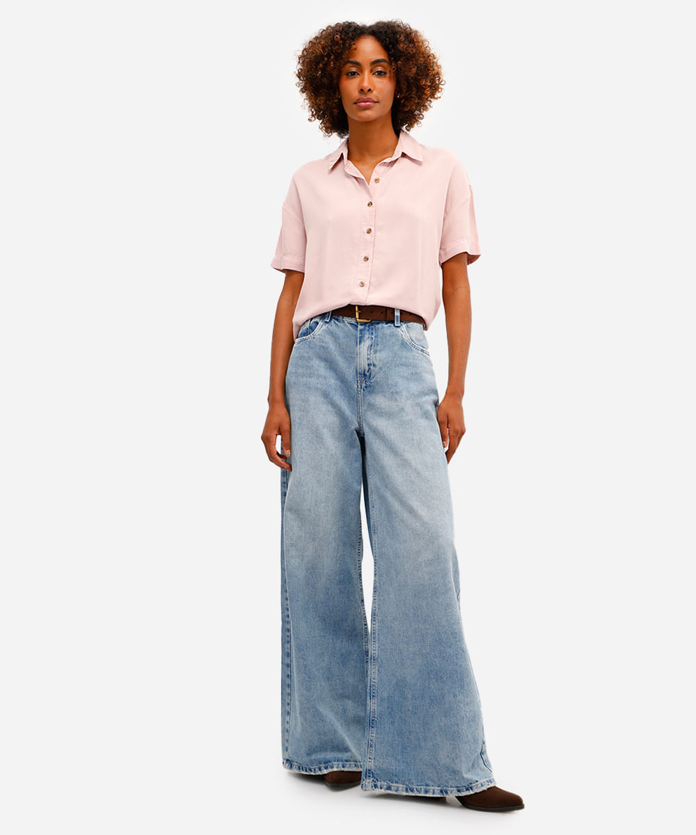 camisa feminina de liocel manga curta rosa