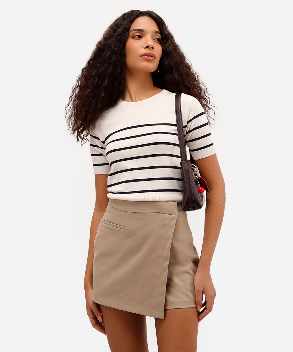 blusa feminina de tricot listrada bege