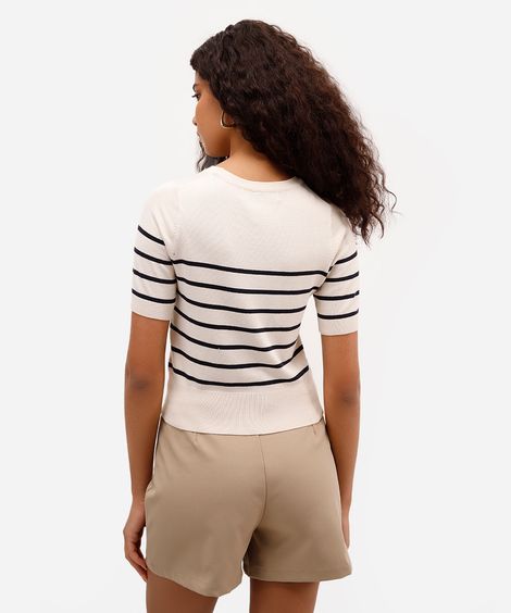 blusa feminina de tricot listrada bege