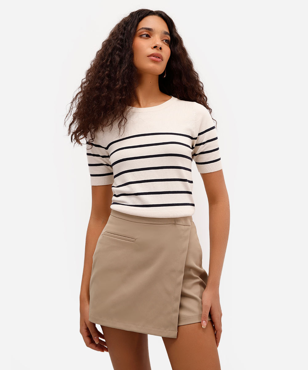 blusa feminina de tricot listrada bege