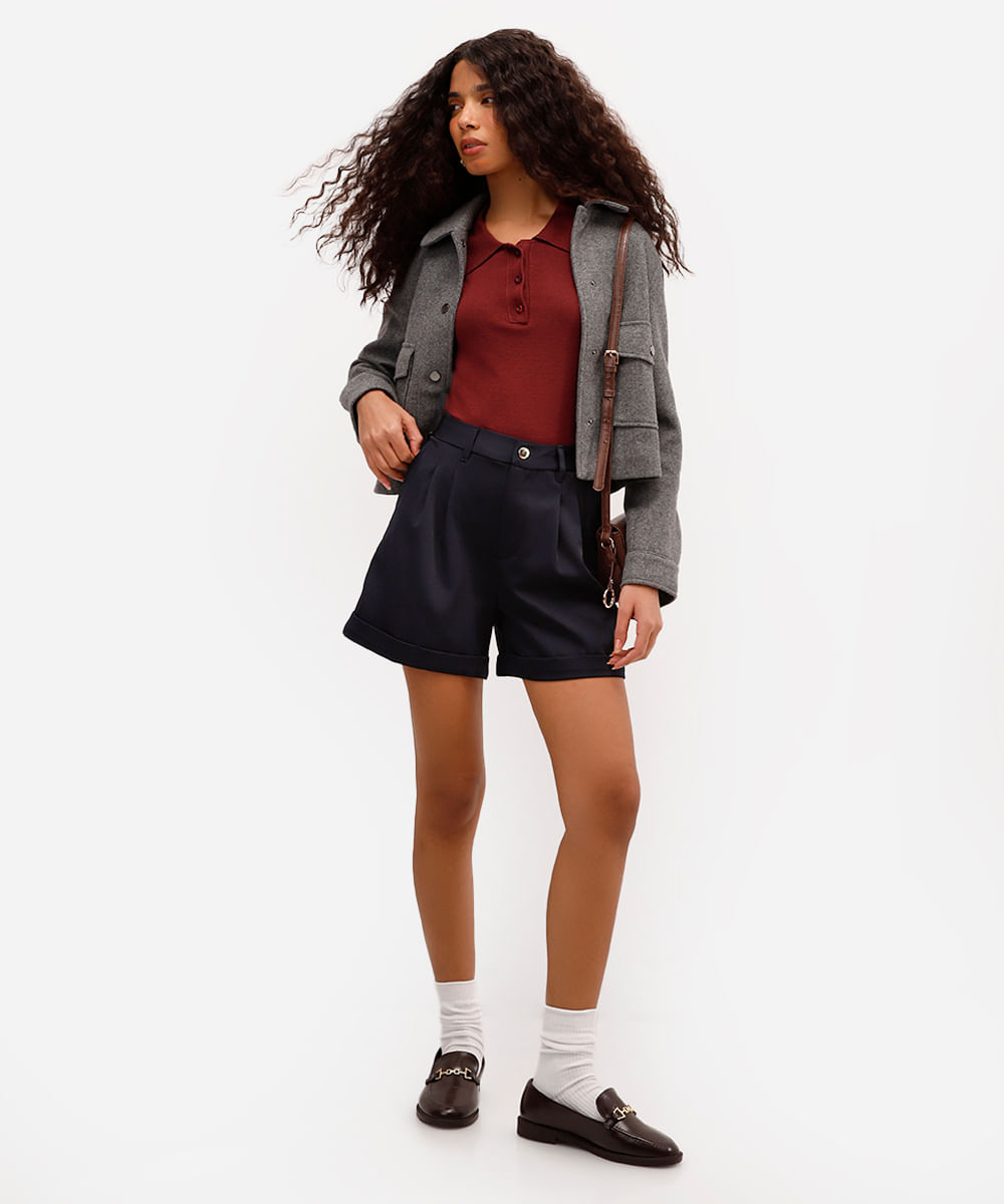 short de alfaiataria feminino com pregas azul