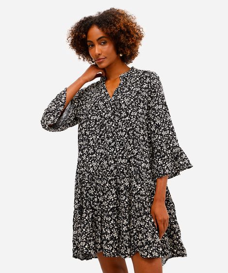 vestido curto de viscose com babados floral preto