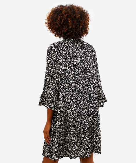 vestido curto de viscose com babados floral preto