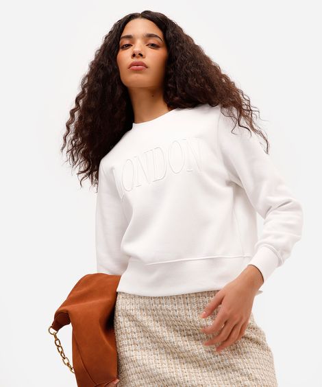 blusão feminino de moletom felpado bordado london off white