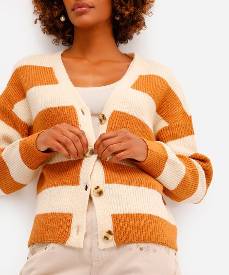 cardigan feminino de tricot listrado bege