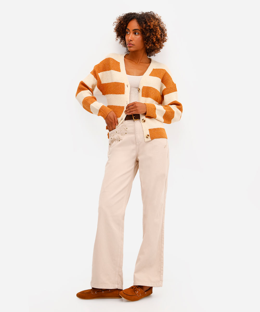 cardigan feminino de tricot listrado bege