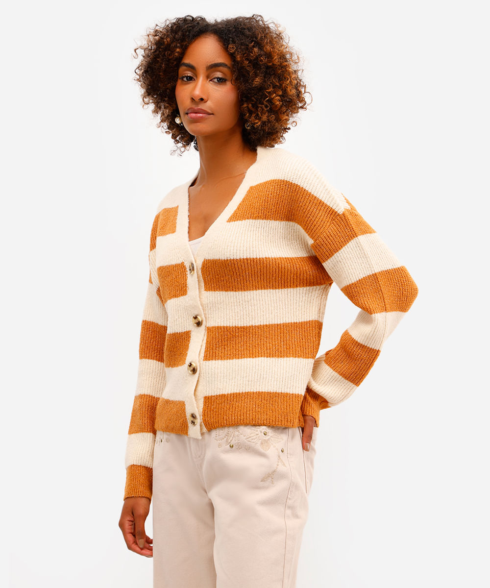 cardigan feminino de tricot listrado bege