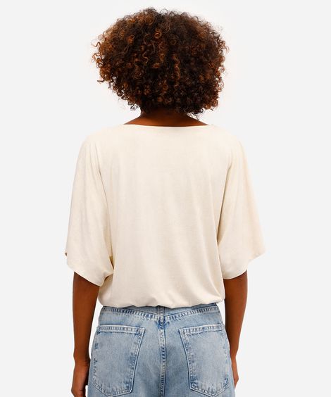 blusa feminina de suede decote v com aviamento bege