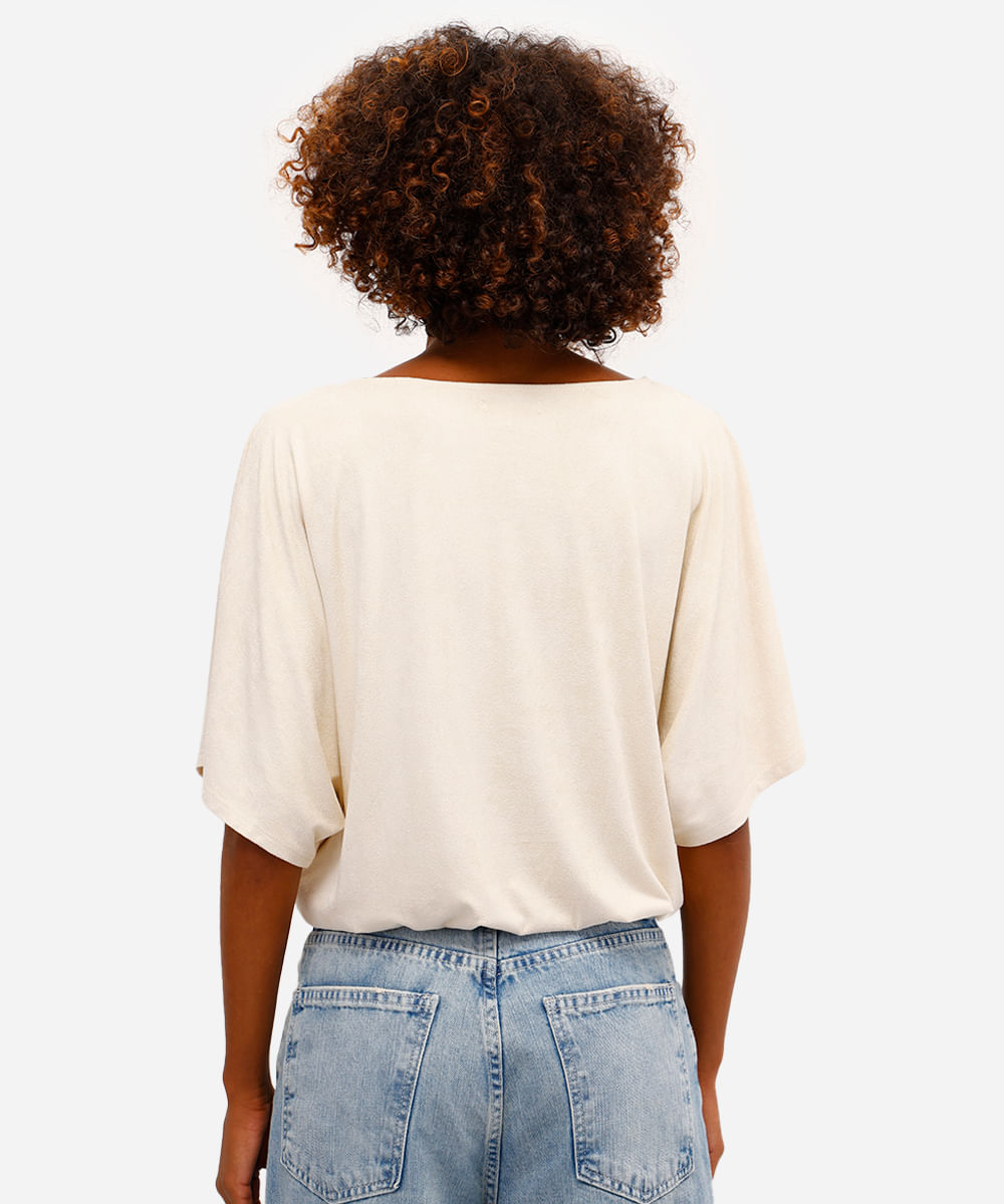 blusa feminina de suede decote v com aviamento bege