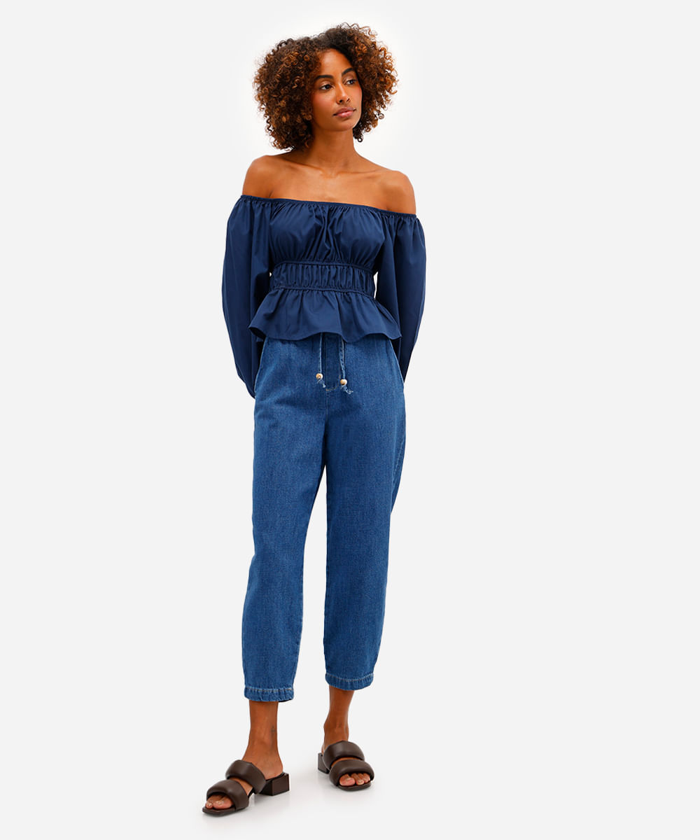 calça clochard feminina jeans cós elástico azul