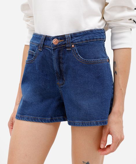 short feminino jeans cintura alta azul