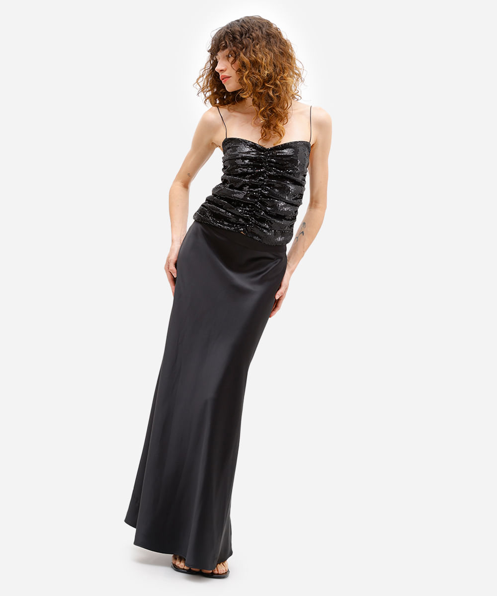 blusa feminina alça fina de paetê franzida preta