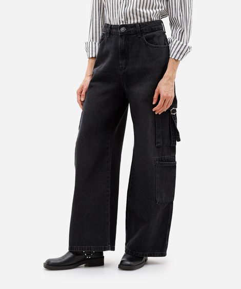 calça skater feminina jeans com bolsos cargo preta