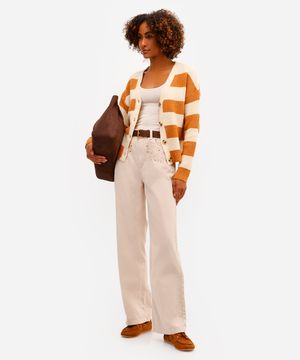 calça wide leg feminina jeans bordado floral bege