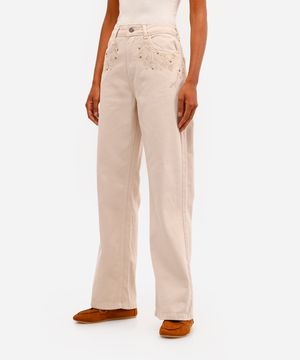 calça wide leg feminina jeans bordado floral bege