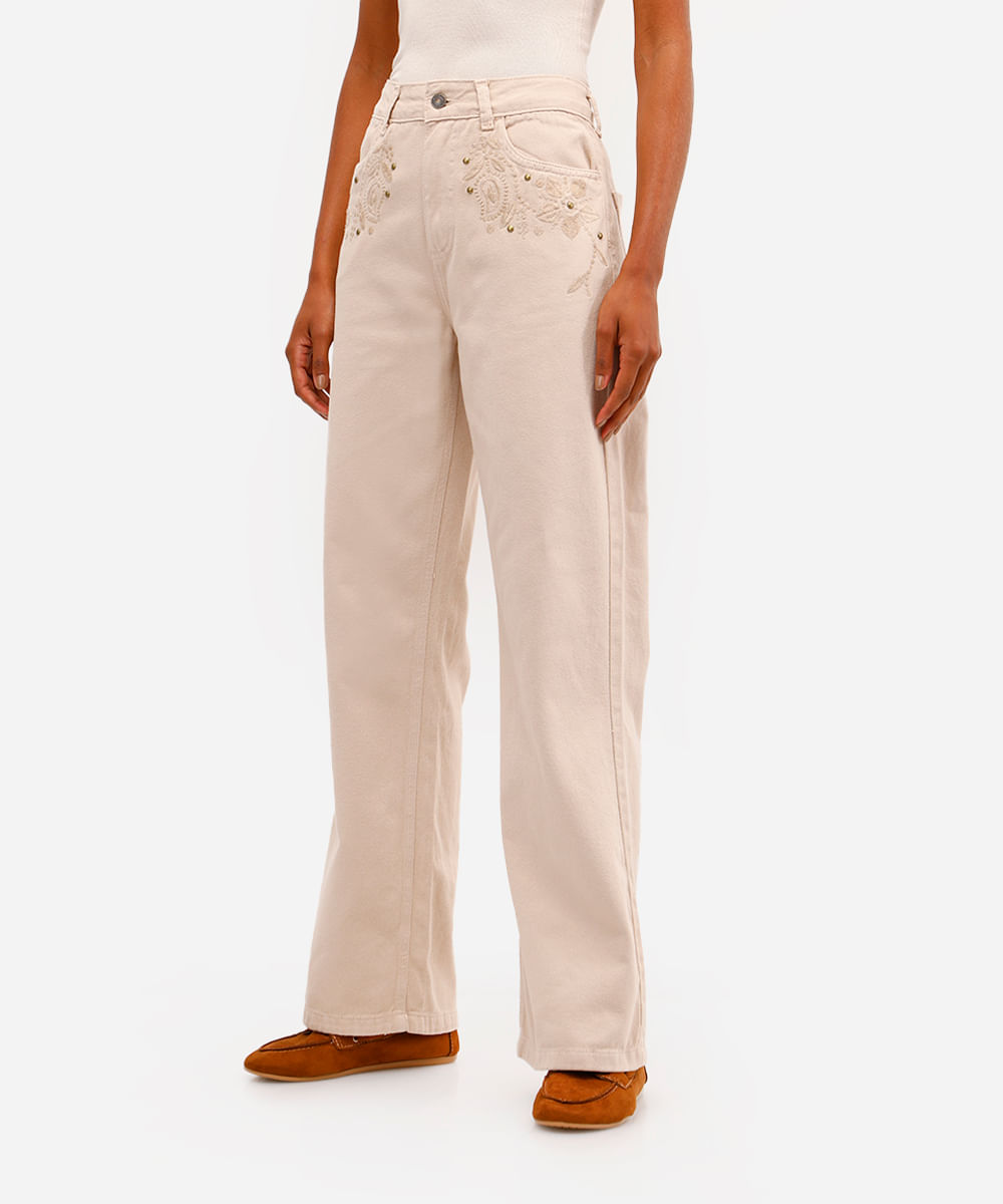 calça wide leg feminina jeans bordado floral bege