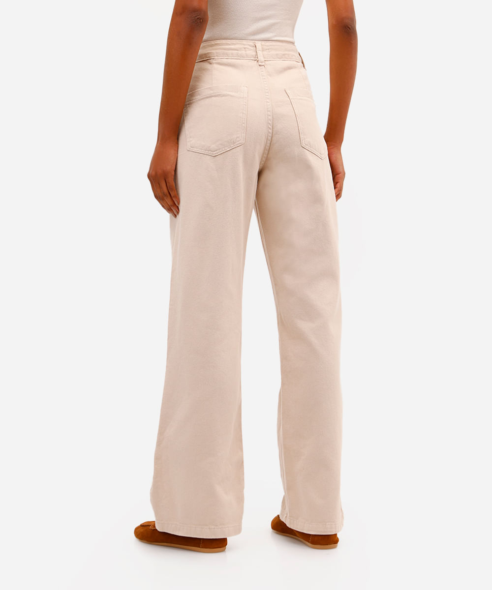 calça wide leg feminina jeans bordado floral bege