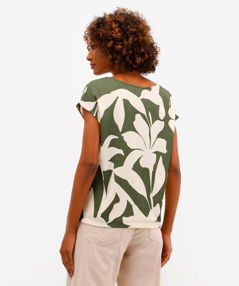 blusa feminina texturizada decote v folhagem verde
