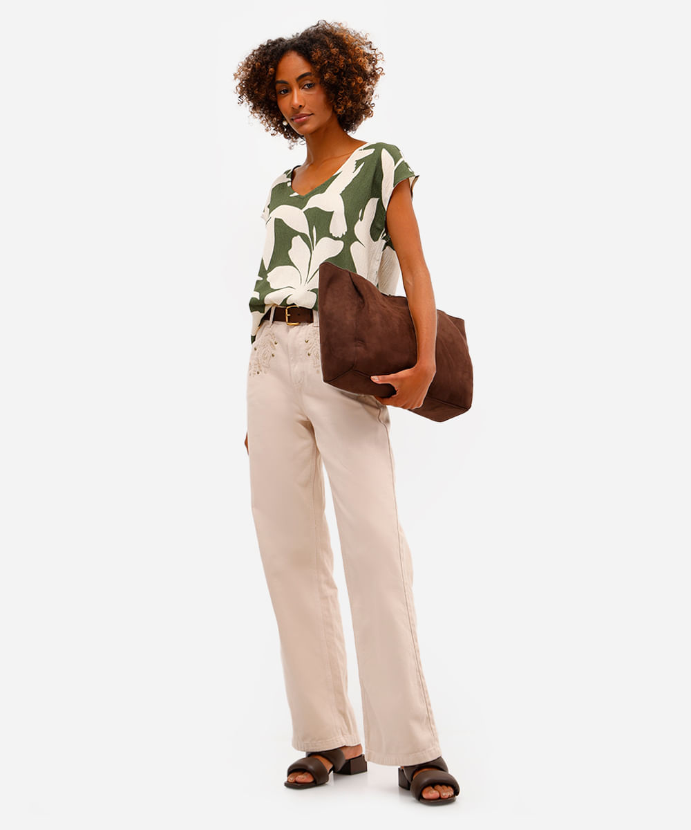 blusa feminina texturizada decote v folhagem verde