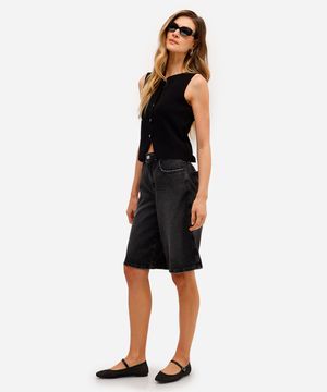 bermuda jorts feminina jeans cintura média preta