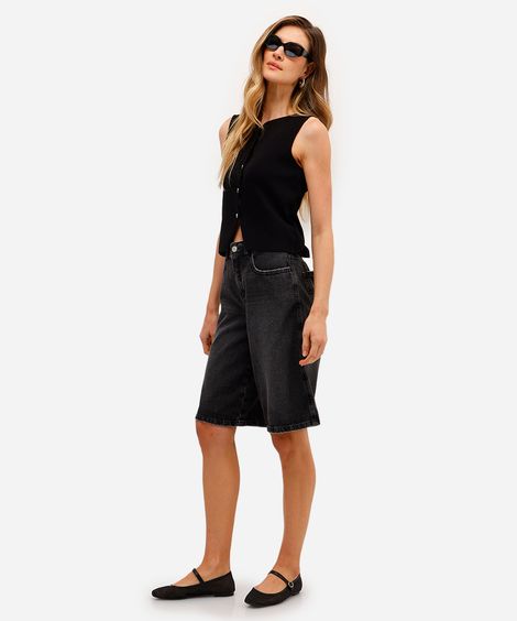 bermuda jorts feminina jeans cintura média preta