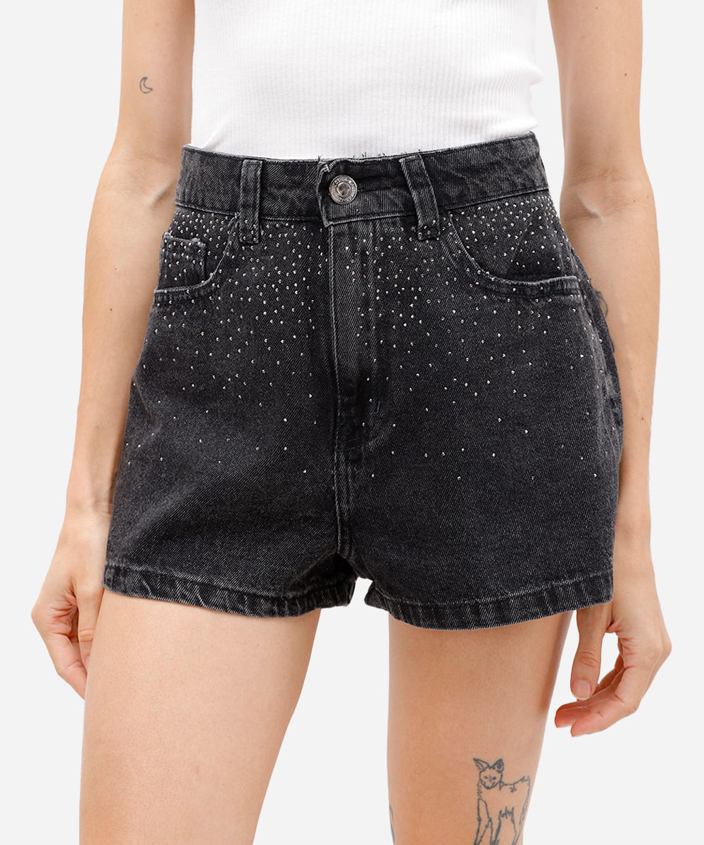 short feminino jeans com brilhos preto