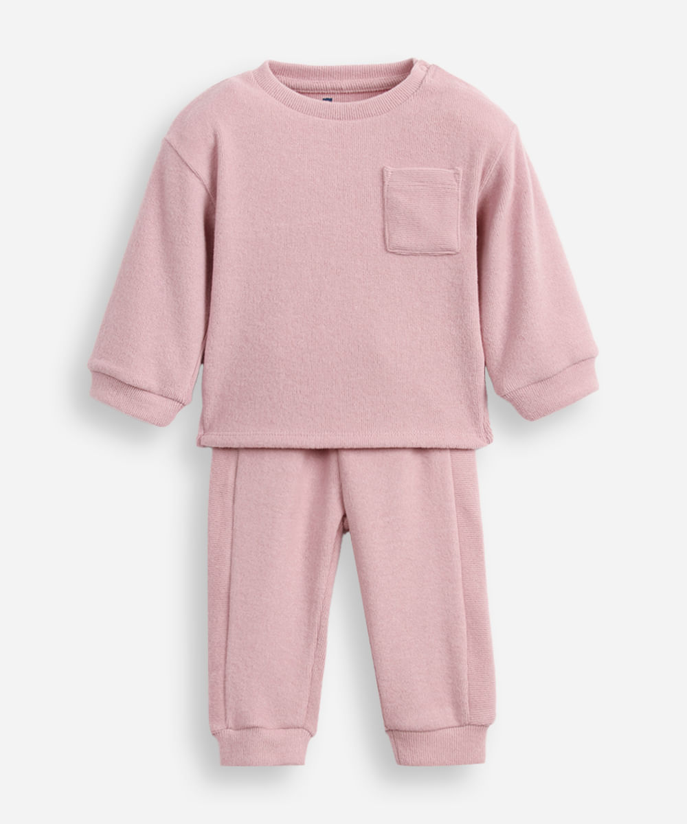 conjunto infantil longo de moletom canelado rosa