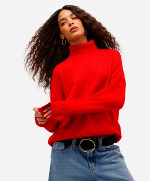 suéter básico feminino de tricot gola alta vermelho