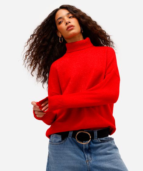 suéter básico feminino de tricot gola alta vermelho
