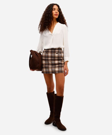 minissaia feminina xadrez texturizada marrom