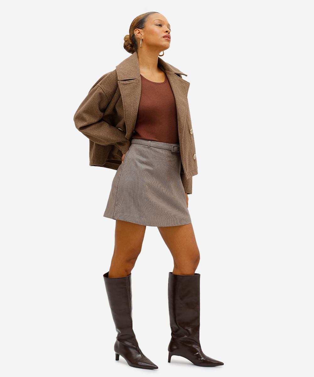 short saia feminino com cinto xadrez marrom