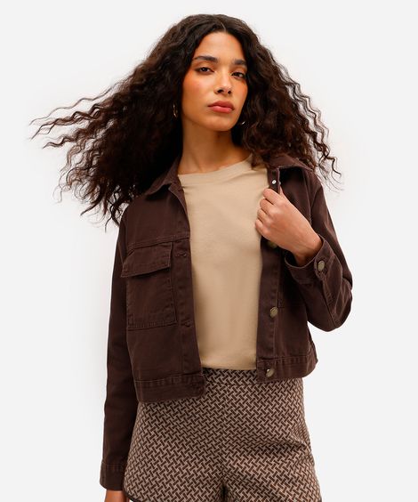 jaqueta cropped feminina de sarja marrom