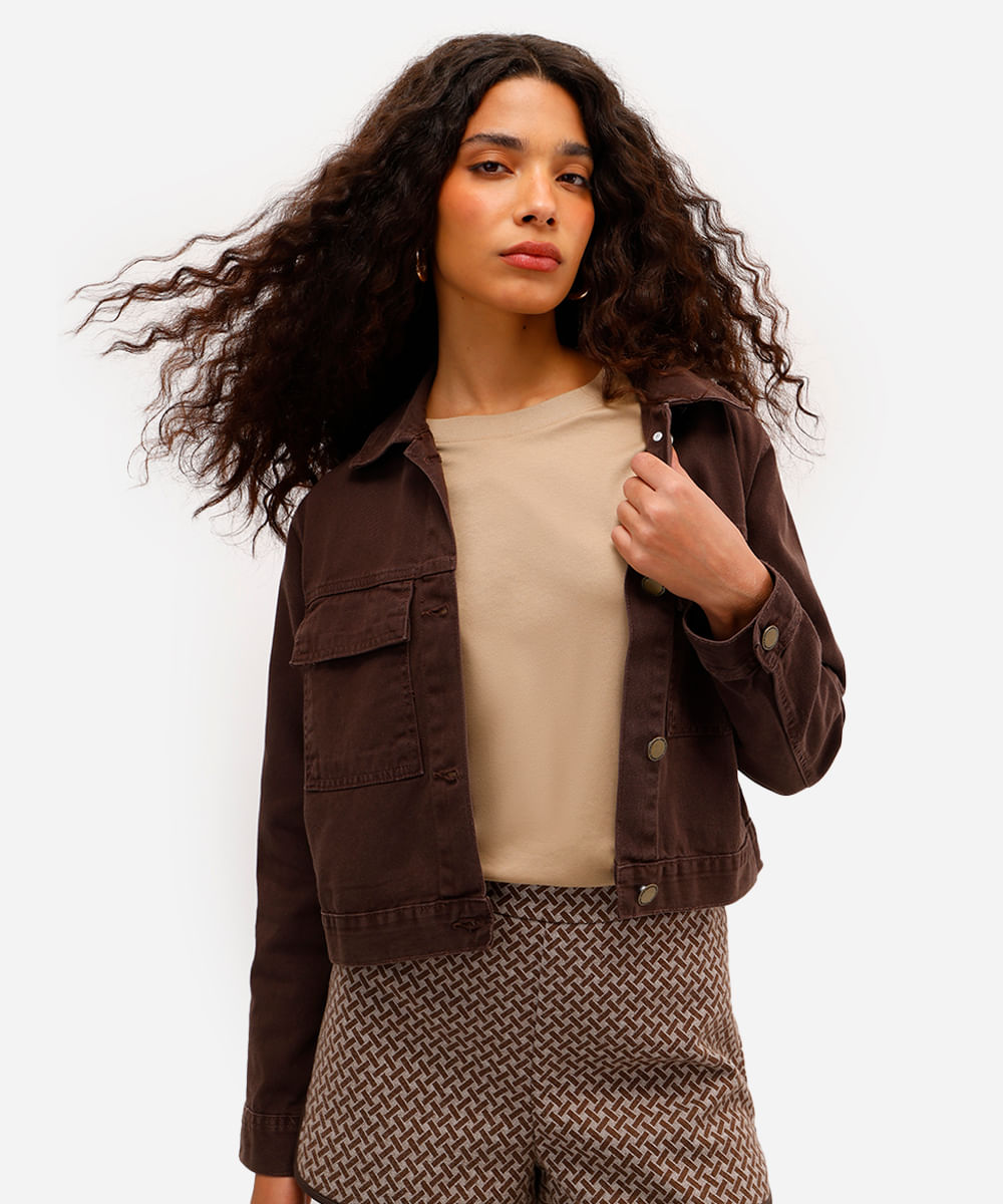 jaqueta cropped feminina de sarja marrom