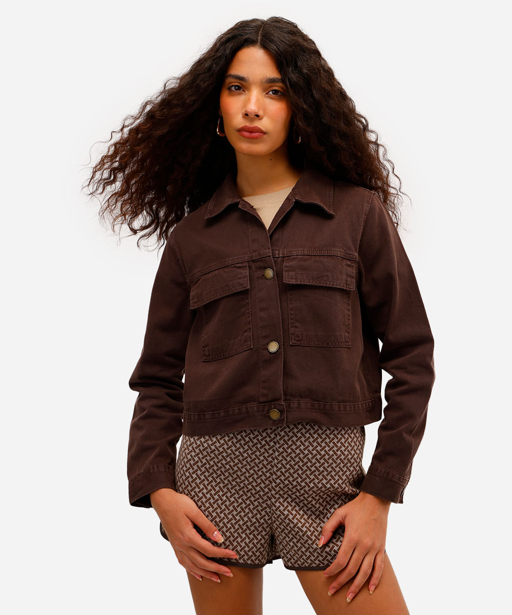 jaqueta cropped feminina de sarja marrom