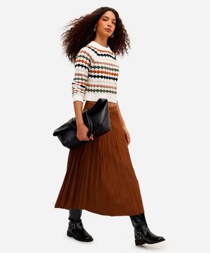 saia midi feminina de suede plissada marrom