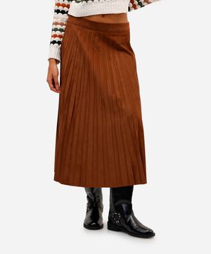 saia midi feminina de suede plissada marrom