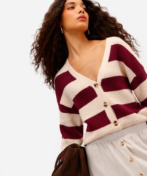 cardigan feminino de tricot listrado vinho