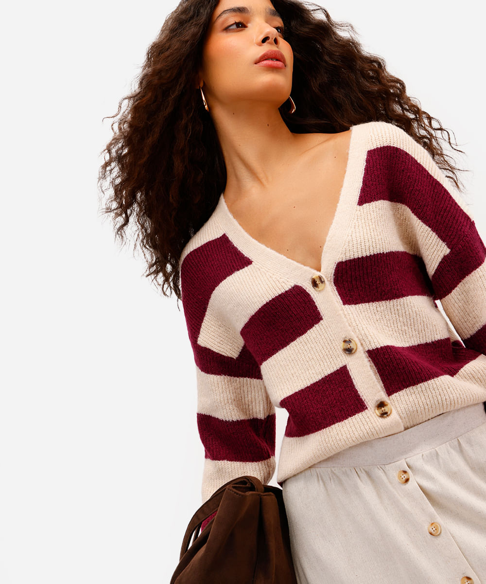 cardigan feminino de tricot listrado vinho