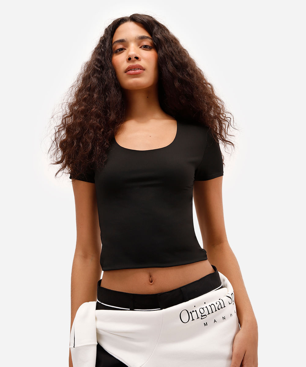 blusa baby look feminina de poliamida básica preta