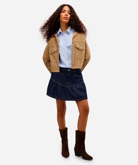 saia curta feminina jeans com recorte azul