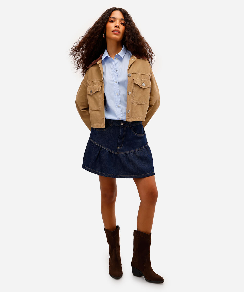 saia curta feminina jeans com recorte azul