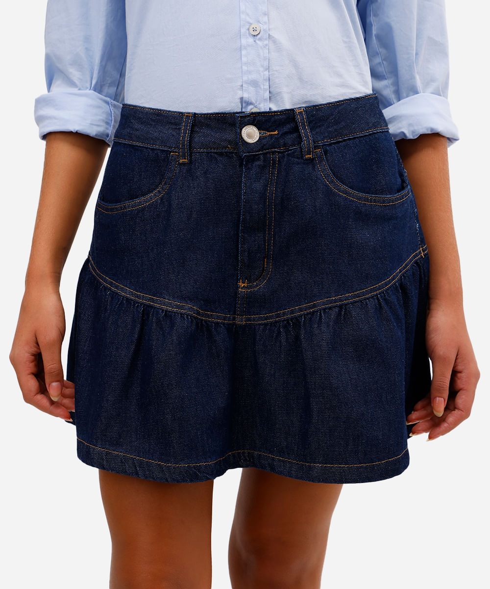 saia curta feminina jeans com recorte azul