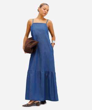 vestido longo feminino jeans alça fina azul