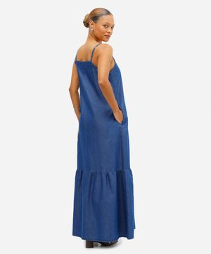 vestido longo feminino jeans alça fina azul