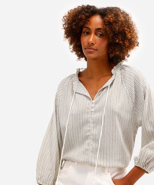 bata feminina manga bufante texturizada listrada verde