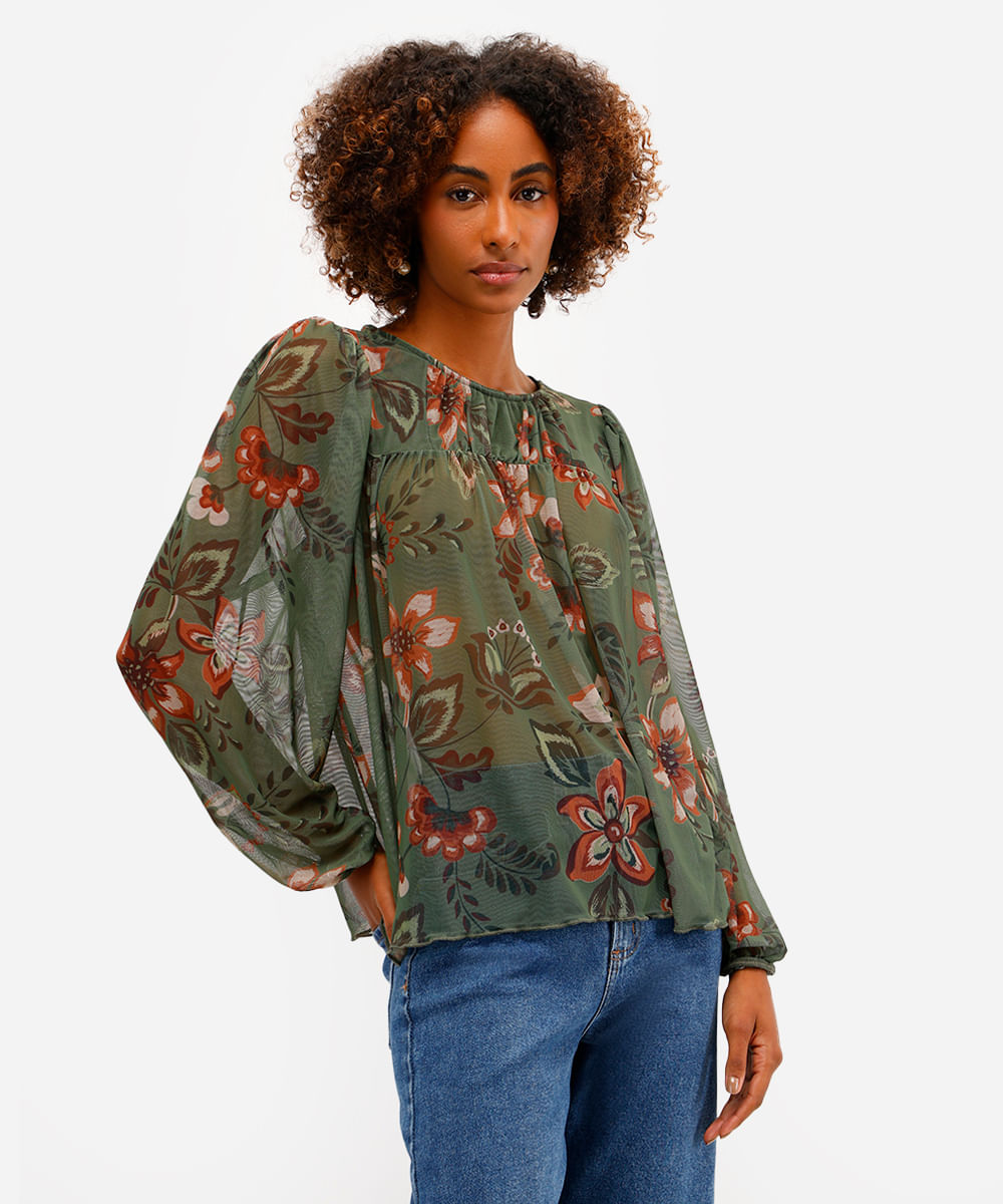 bata feminina de tule floral verde