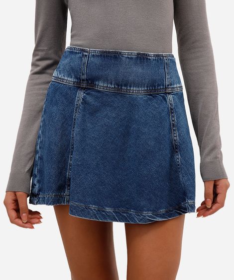 minissaia evasê feminina jeans cintura alta azul