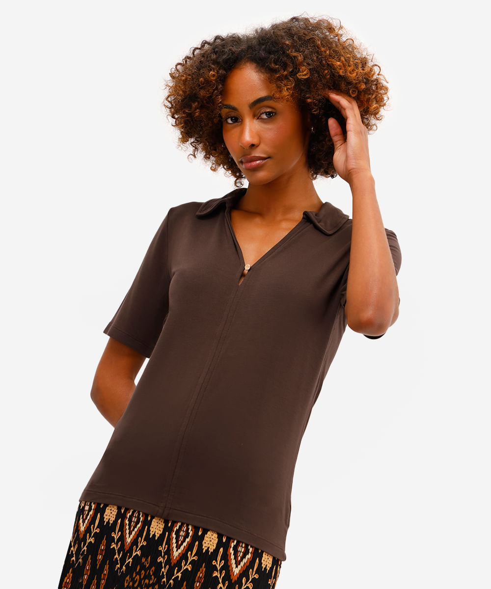 polo feminina de viscose decote v marrom